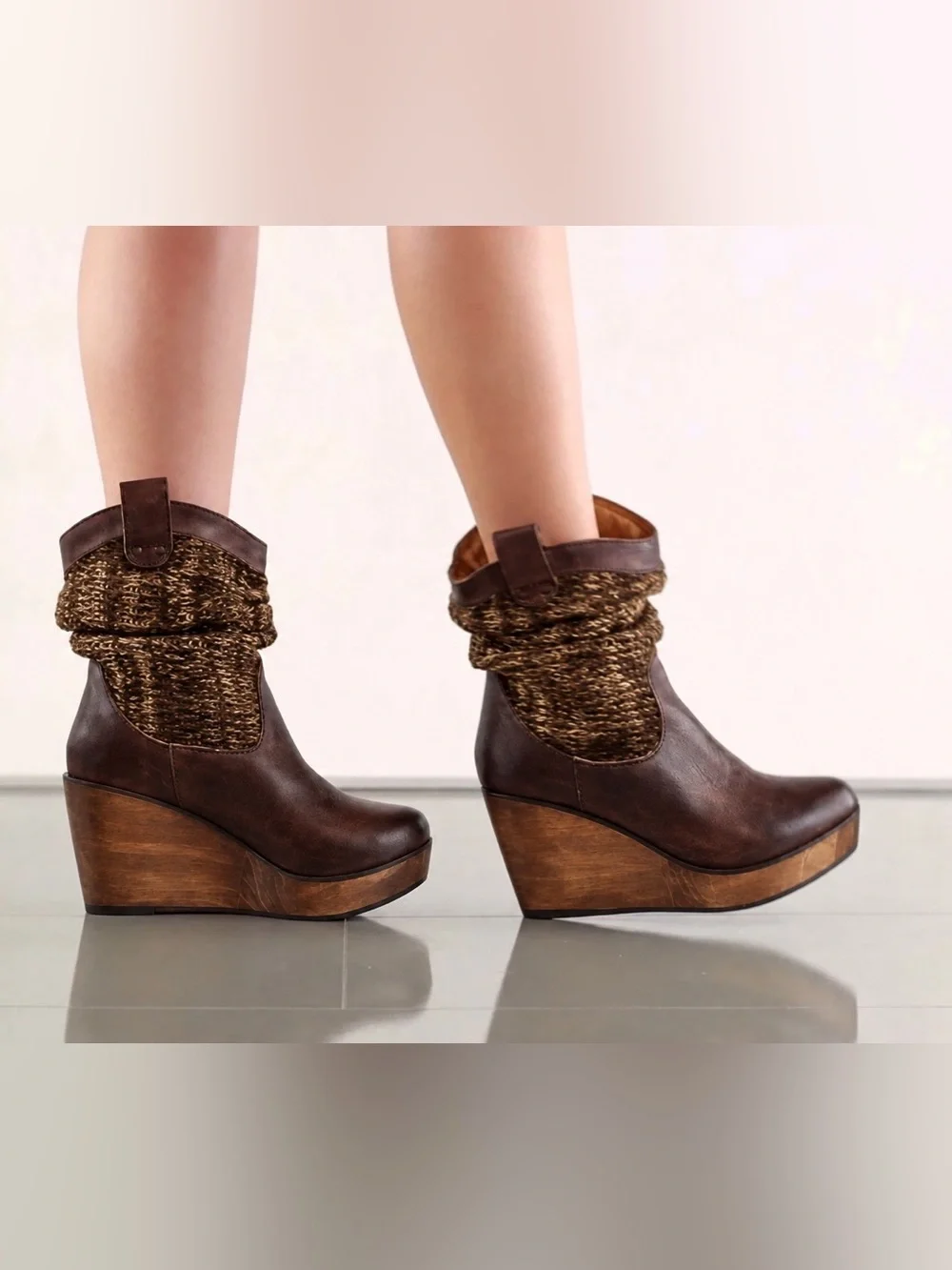 Bed Stu Brown Leather Wedge Boots with Knit Cuff